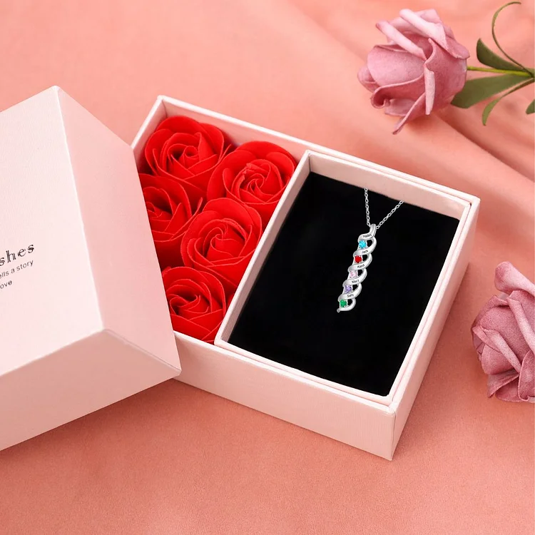 5 Names-Personalized Birthstones Necklace Set With Rose Gift Box-Custom Cascading Pendant Necklace Engraving 5 Names Gifts for Her