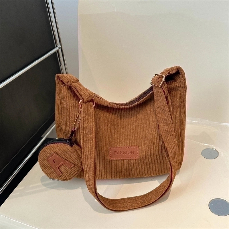 Women’s Corduroy Solid Color Classic Style Square Zipper Shoulder Bag