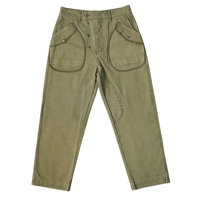 Retro High-Density Cotton Loose Wear-Resistant Multi-Pocket Green Casual Pants