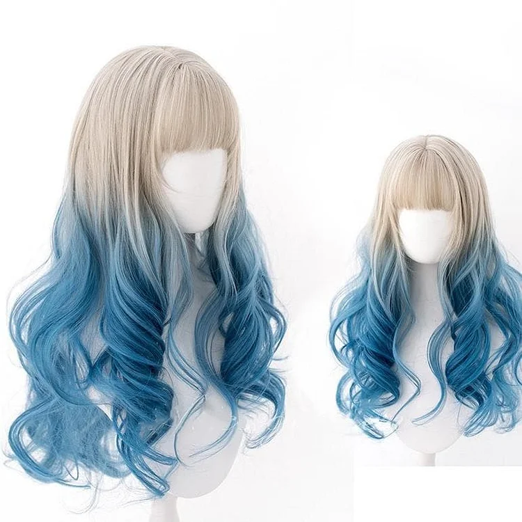 White Blue Mixed Large Wavy Long Curly Wig SS0917