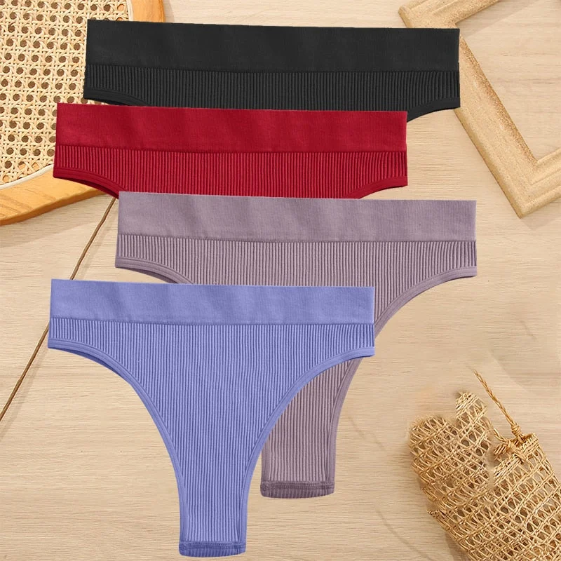 FINETOO 4PCS/Set Women Seamless Pantys Girls Thongs High Waisted Soft Woman Briefs 10 Solid Colors S-XL Sexy Underpant For Women