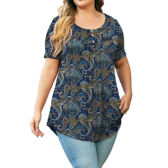 VERABENDI Womens Plus Size Tunic Tops Short Sleeve Button Floral Loose Blouses Flowy Shirts (1X-4X)