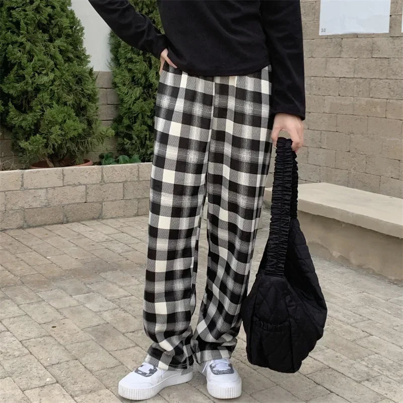 Aiertu Fashion Warm Plush Pants Cashmere Thick Plaid Ladies Winter Casual Loose Wide-legged Pants Korean Streetwear Students Aiertu