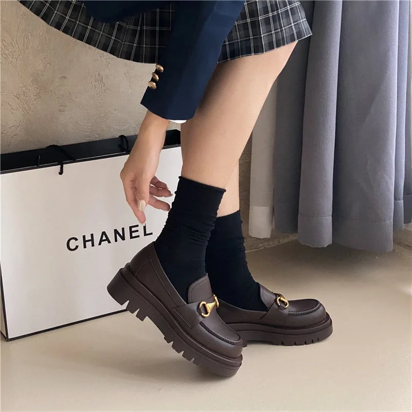 Meotina Pumps Genuine Leather Loafers Shoes Women Platform High Heels Metal Decoration Thick Heel Ladies Footwear White Size 43