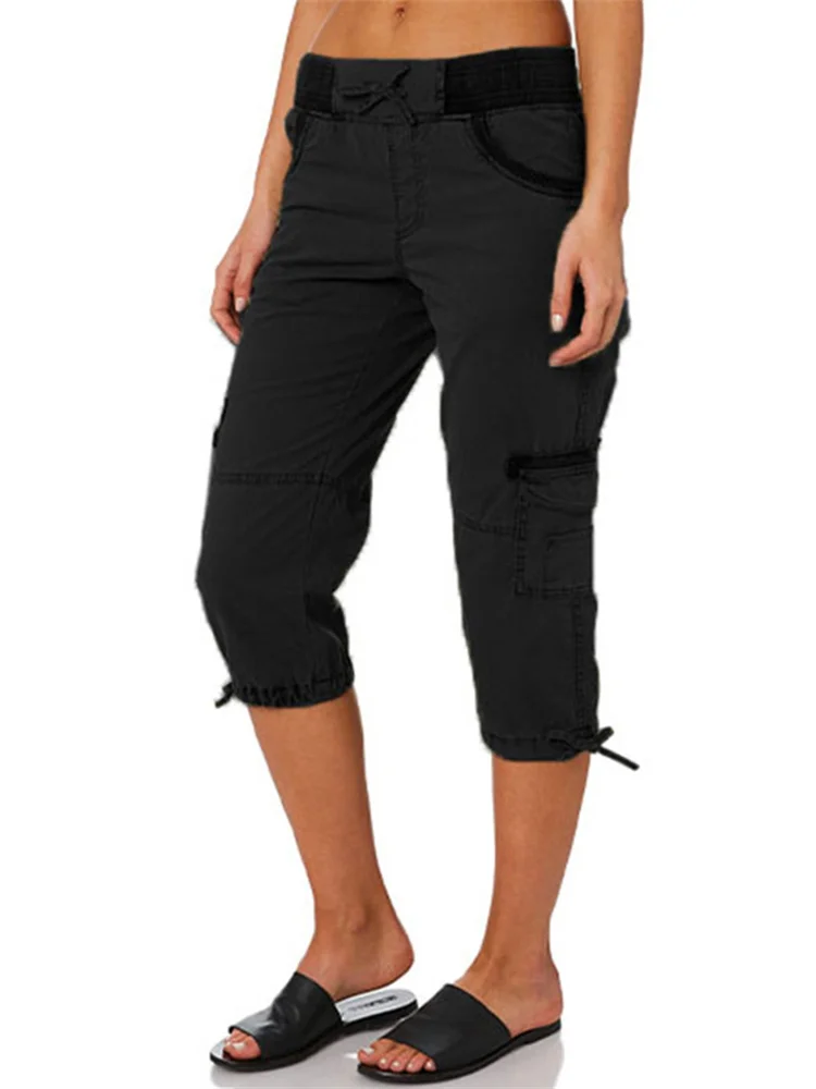 Washed Utility Cargo Casual Capri Pants