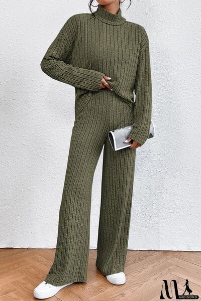 MidiSono - Ribbed Mock Neck Top and Pants Set