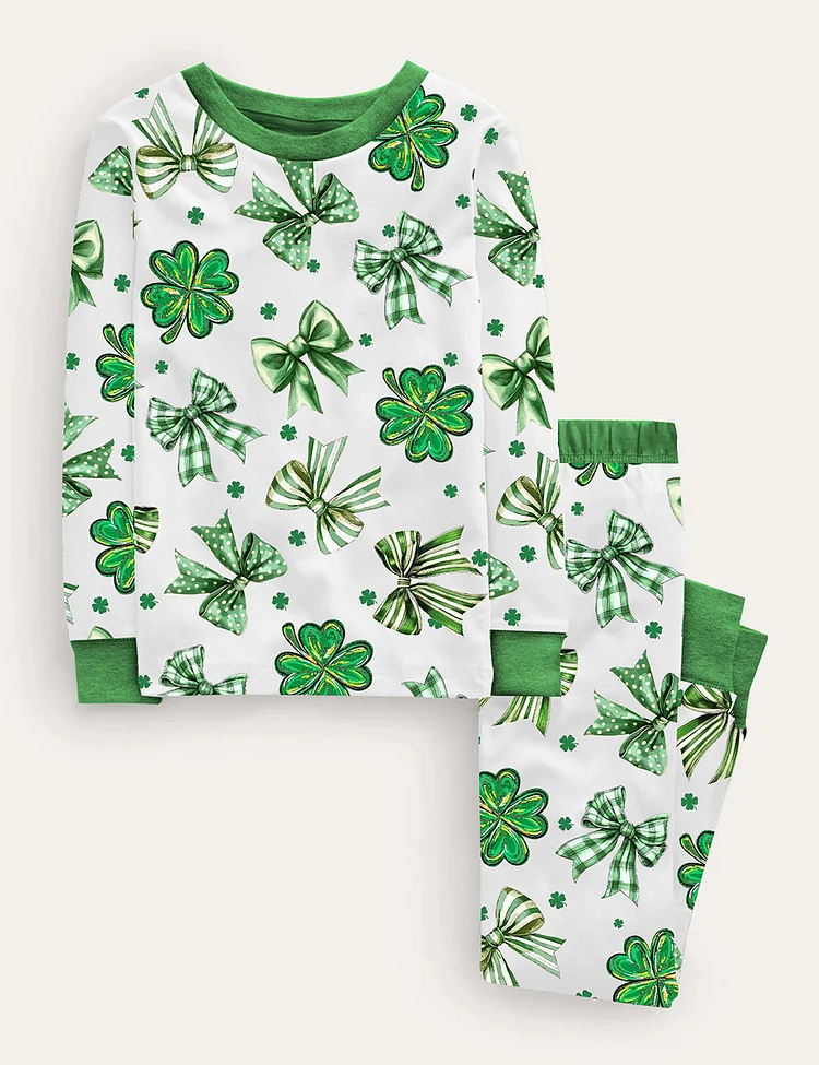 Kid's Coquette St. Patrick's Day Shamrock Bow Pajama Set