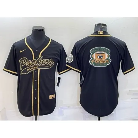 Men's Green Bay Packers Black Gold Team Big Logo With Patch Cool Base Stitched Baseball Jersey