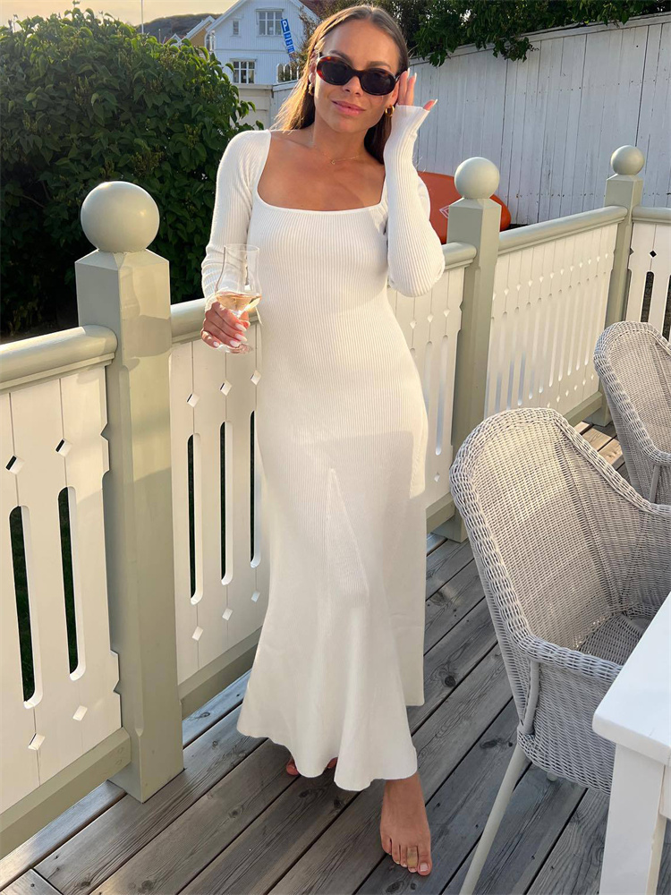 Tossy White Casual Knitwear Maxi Dress For Women Long Sleeve Autumn 2023 Elegant Party Dress Ladies Loose Knit Ribbed Dress New