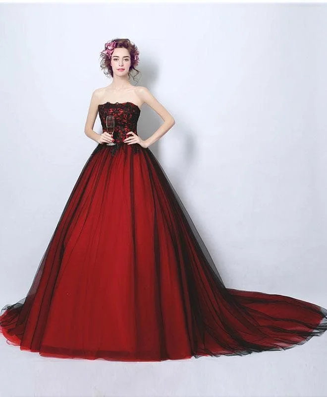 Burgundy Tulle Lace Long Prom Dress, Lace Evening Dress