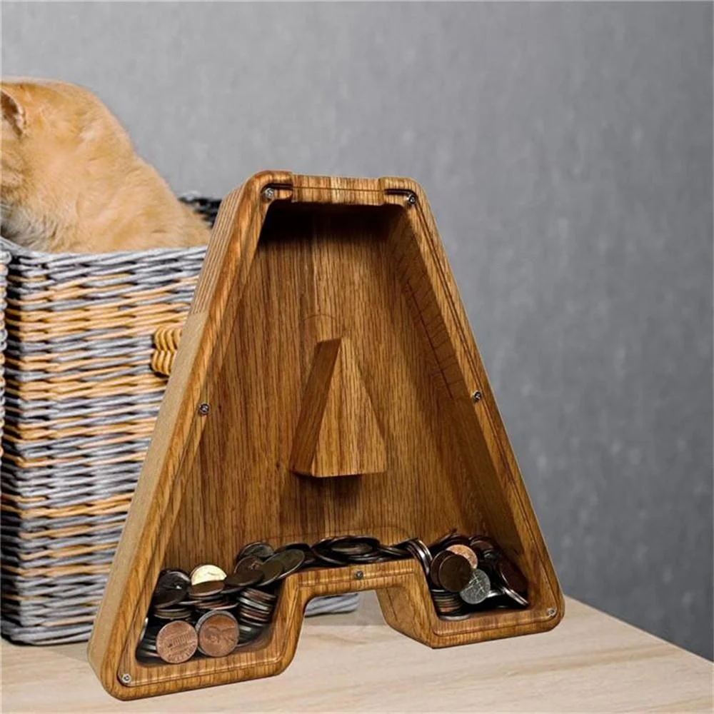 Purexcellent&trade; Wooden creative English letters transparent money jar