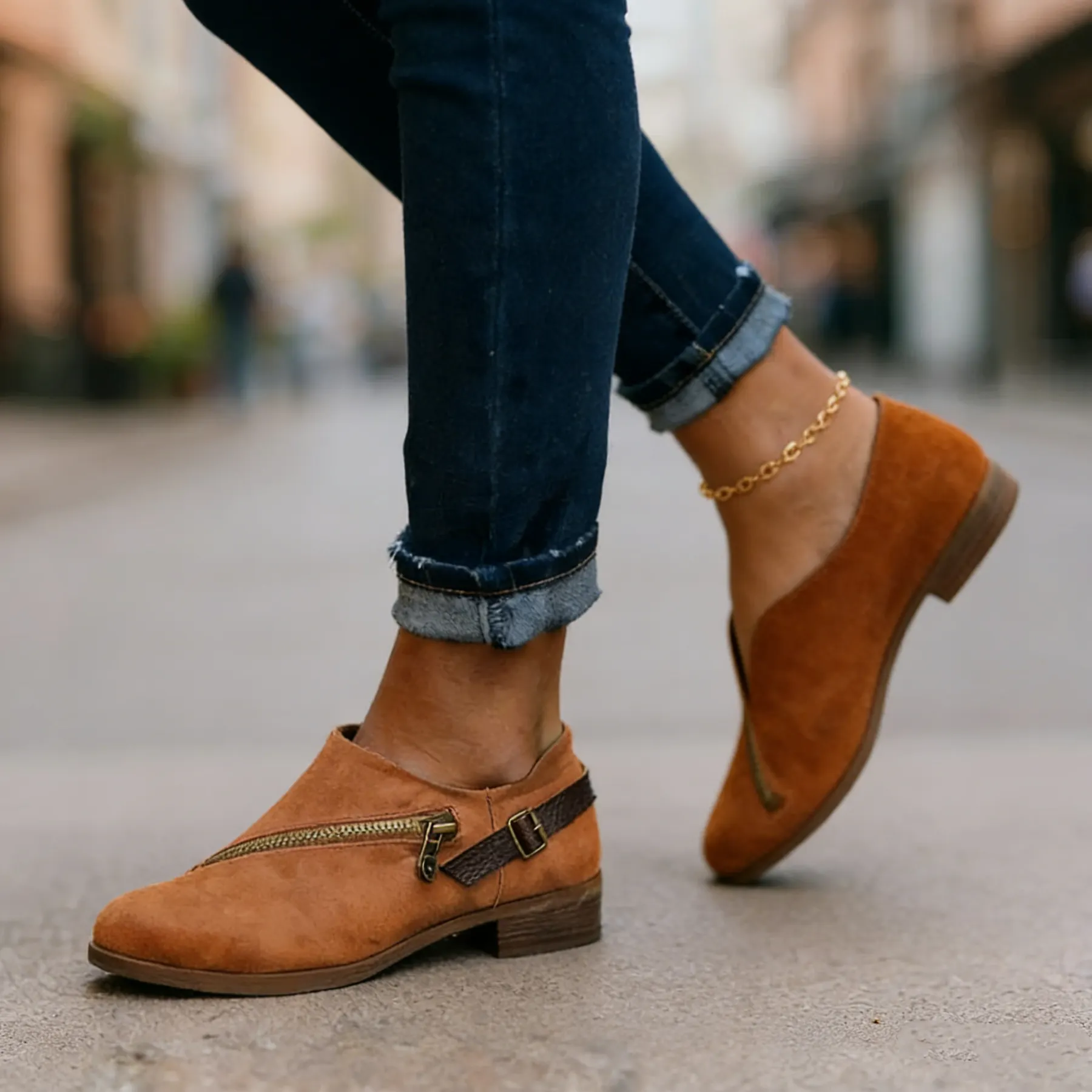 Women Casual Retro Round Toe Low Heel Zipper Boots