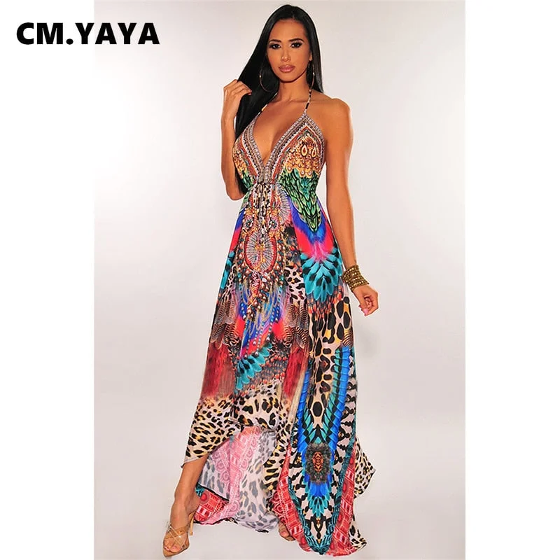 CM.YAYA Women Dress Bohemia Spaghetti Strap Halter Hollow Out V-neck Empire Loose Dresses Summer Sexy Fashion Outfit Beachwear