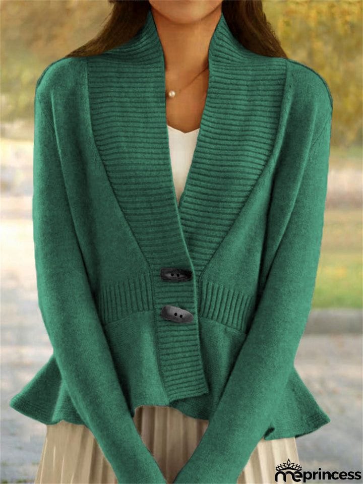 French Style V Neck Ruffled Hem Sweater for Lady