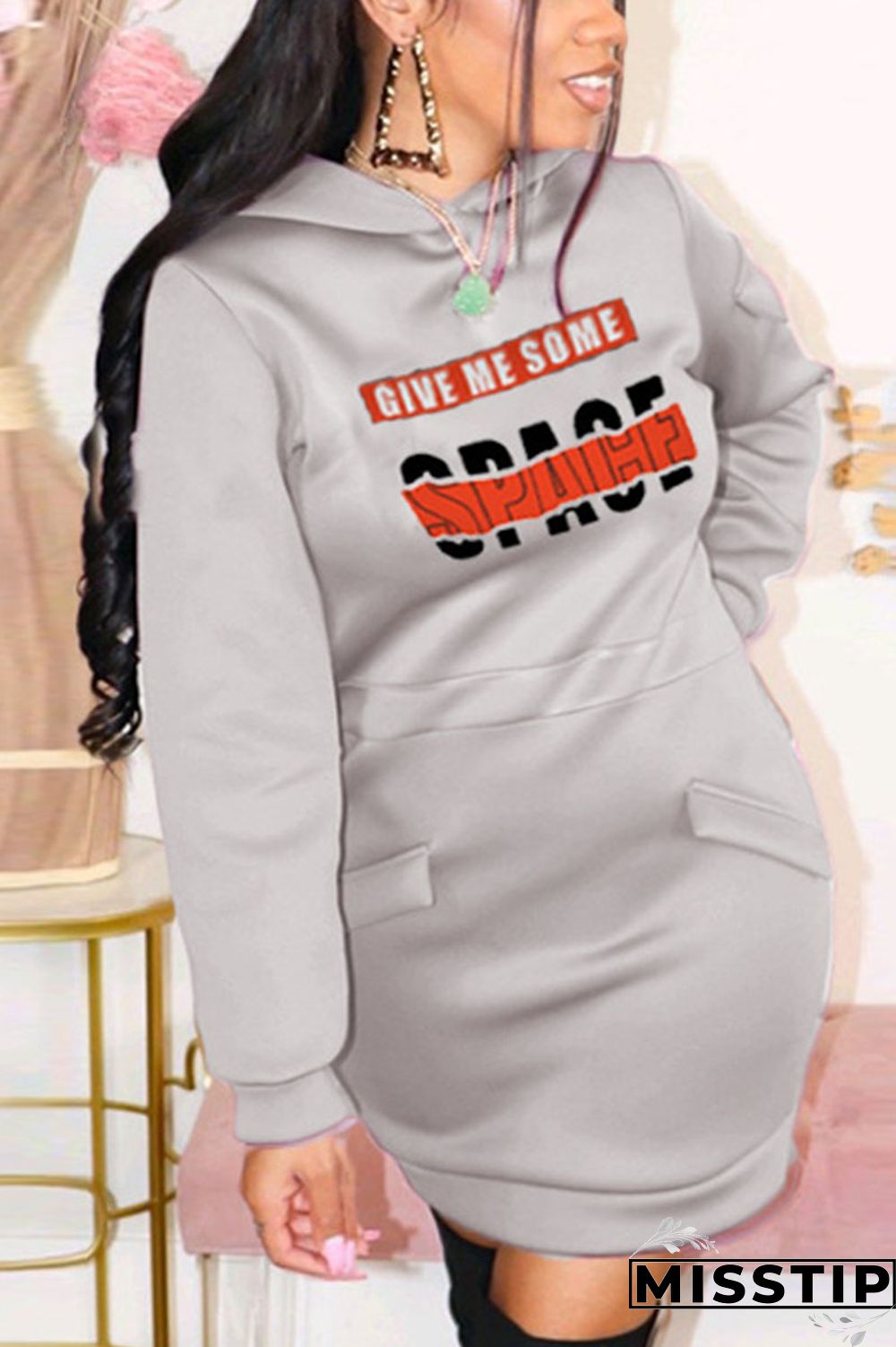 Grey Fashion Print Pocket Hooded Collar Dresses