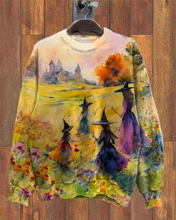 Witches And Little Witches In The Flowers Halloween Print Loose Sweatshirt