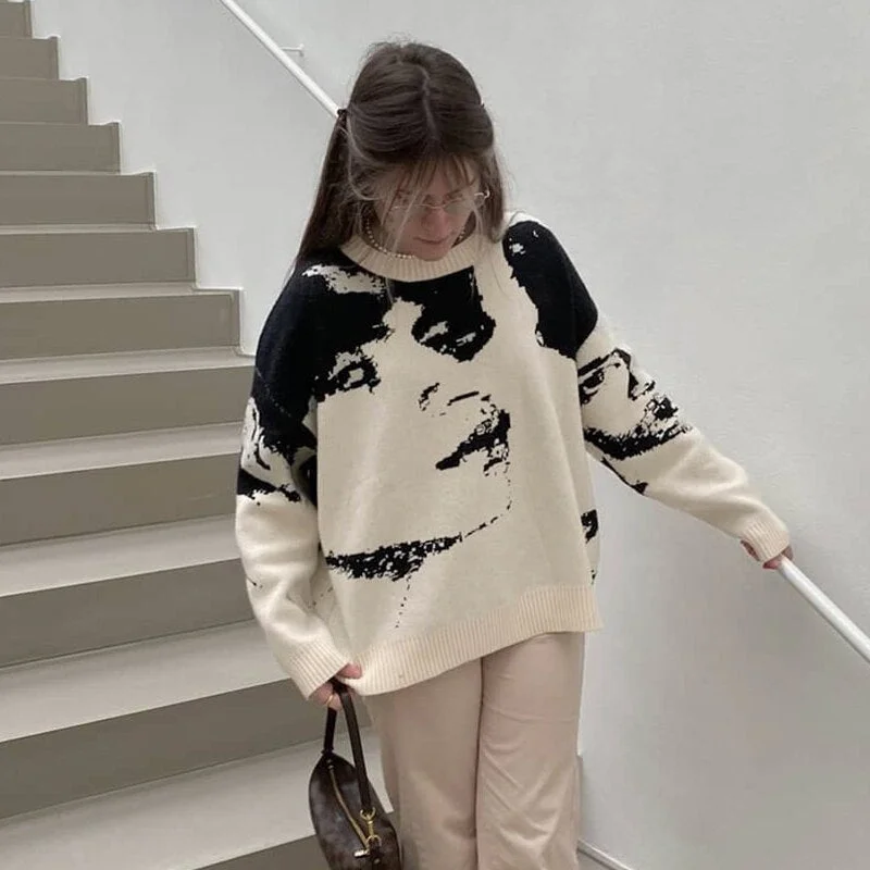 HEYounGIRL Casual Loose Printed Knitted Sweaters Womens Autumn Winter Long Sleeve Jumpers Top Fashion Korean Pullovers Knitwear