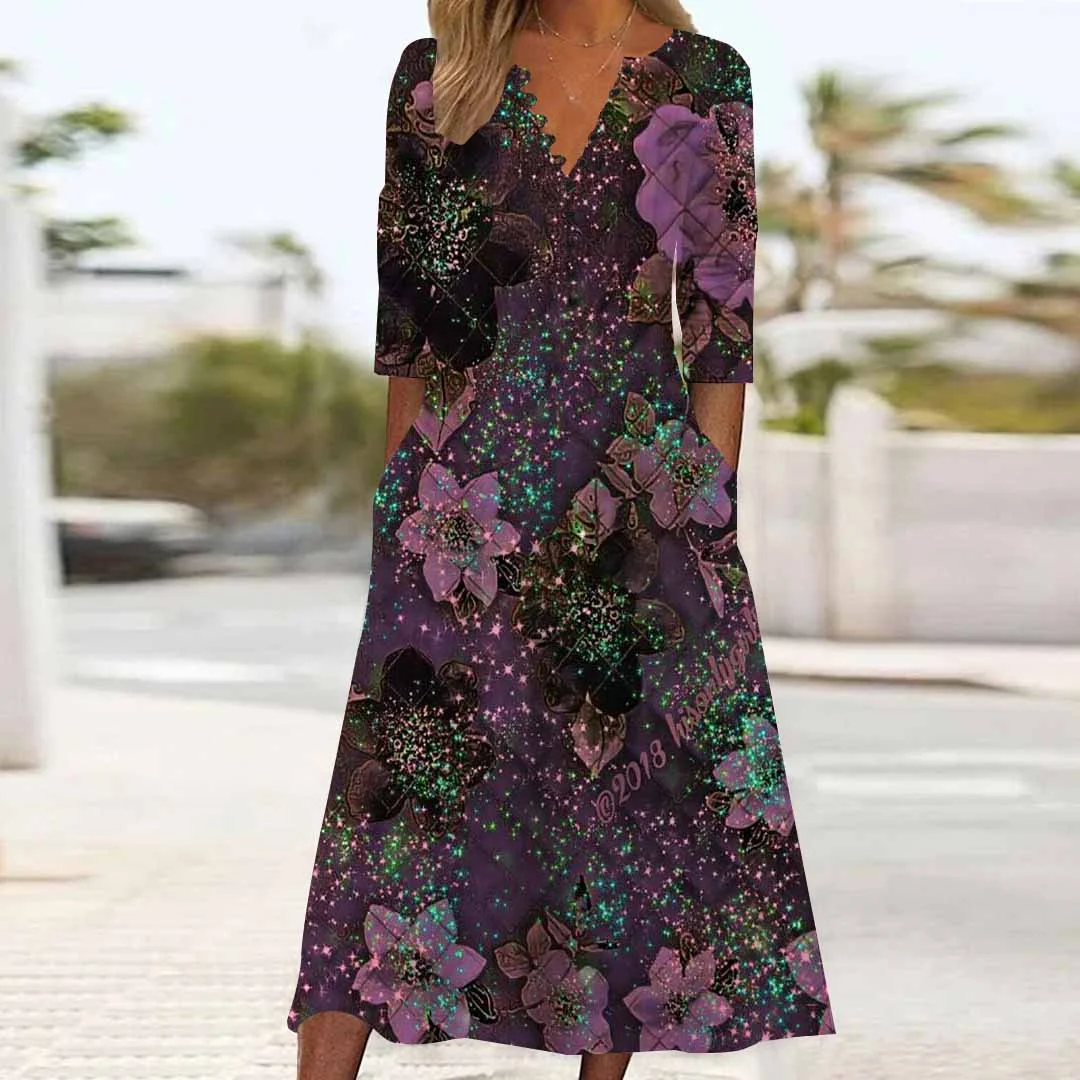 Women Floral,Purple DZHB8375 Long Sleeve V-Neck Graphic Printed Midi Dress