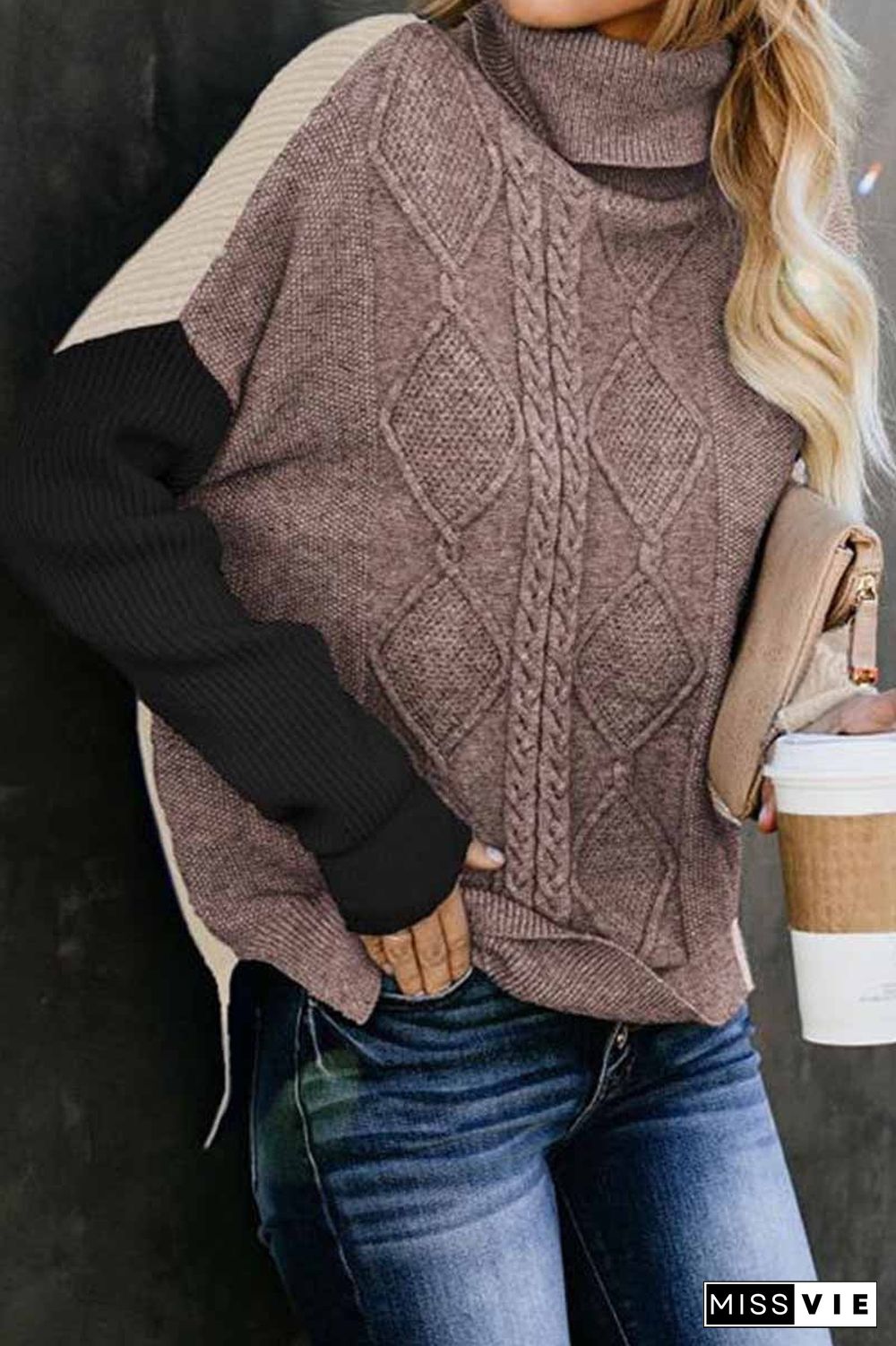 Loose High Neck Striped Double Color Sweater