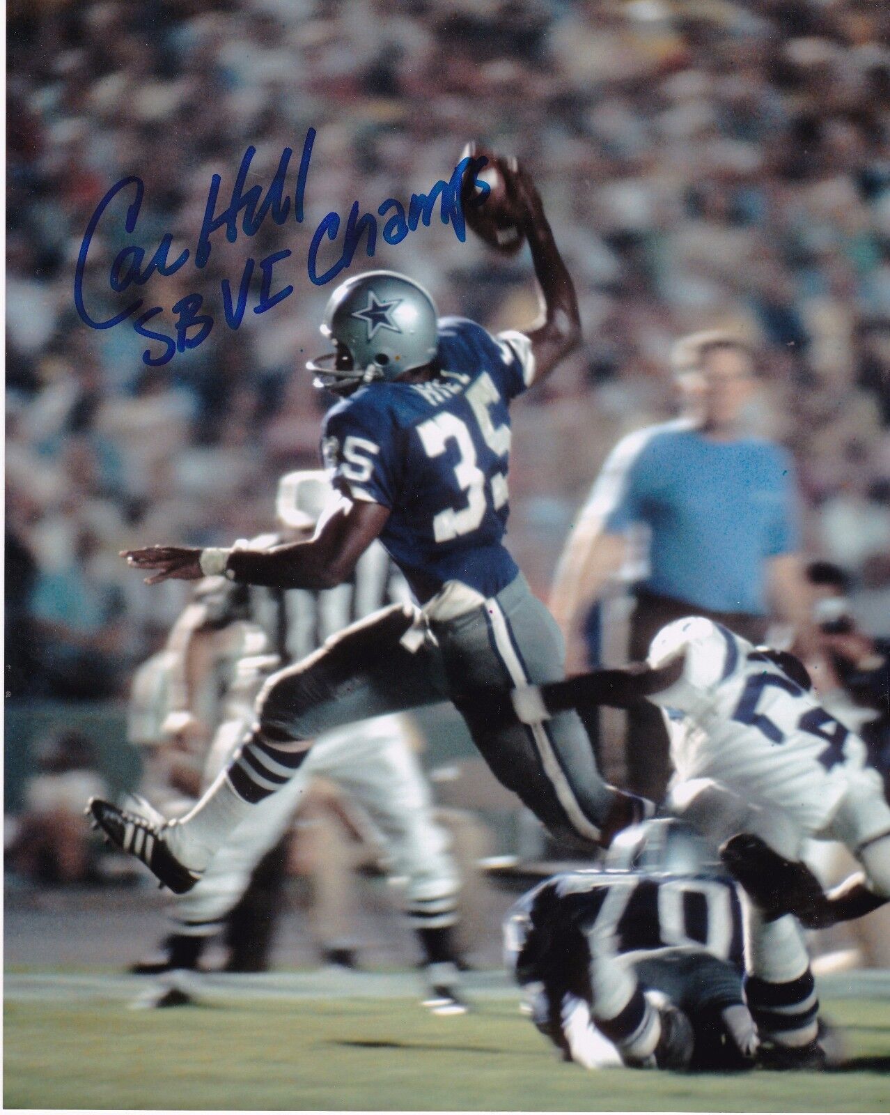 CALVIN HILL DALLAS COWBOYS SB VI CHAMPS ACTION SIGNED 8x10