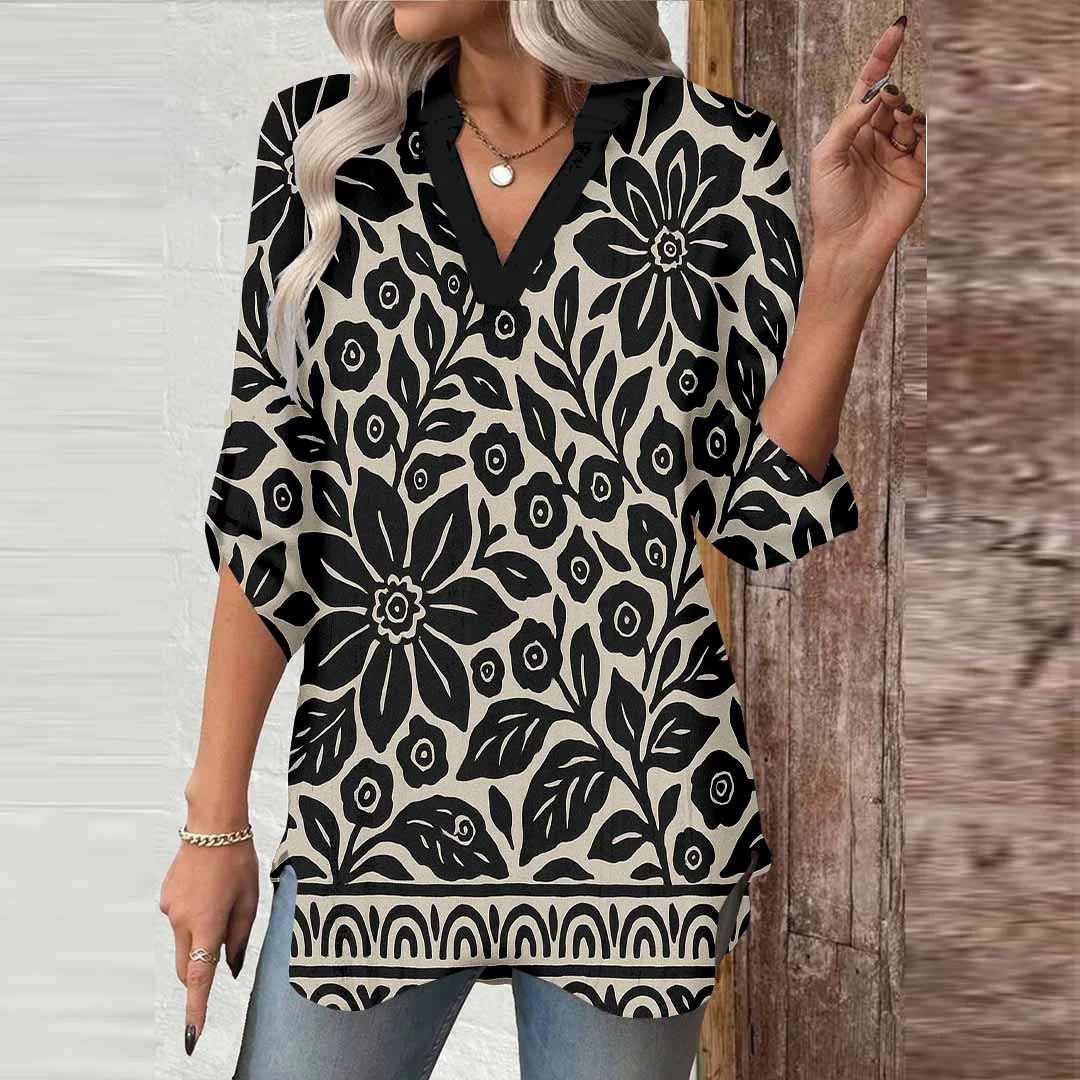 Women Flowers, Black DZGA0363 3/4 Sleeve V-neck Printed Graphic Button Tops