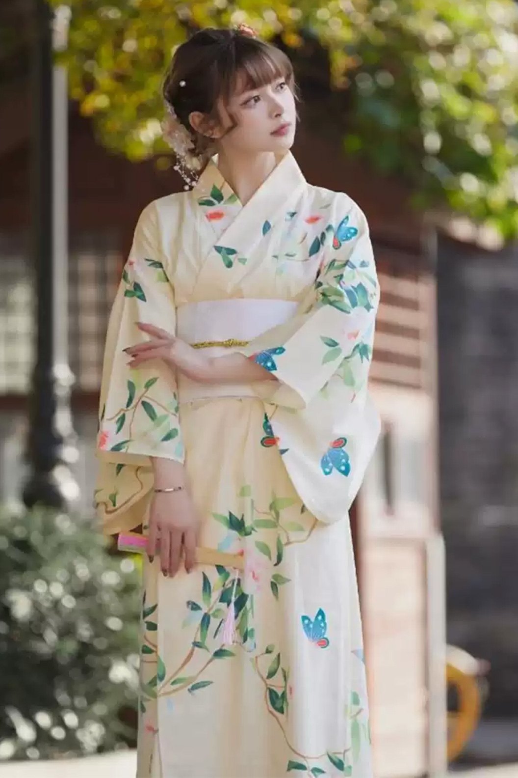 Yukata Kimono Apricot Cherry Blossom Kimono with Butterfly Love and Kawaii Dress - じんじゃれいさい Stupa Stones