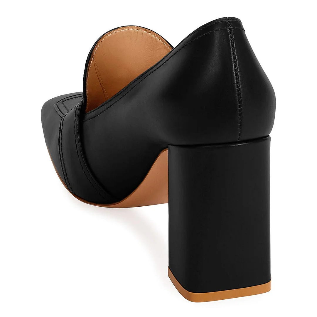 Classic Black Vegan Leather Square Toe Buckle Chunky Heeled Loafers