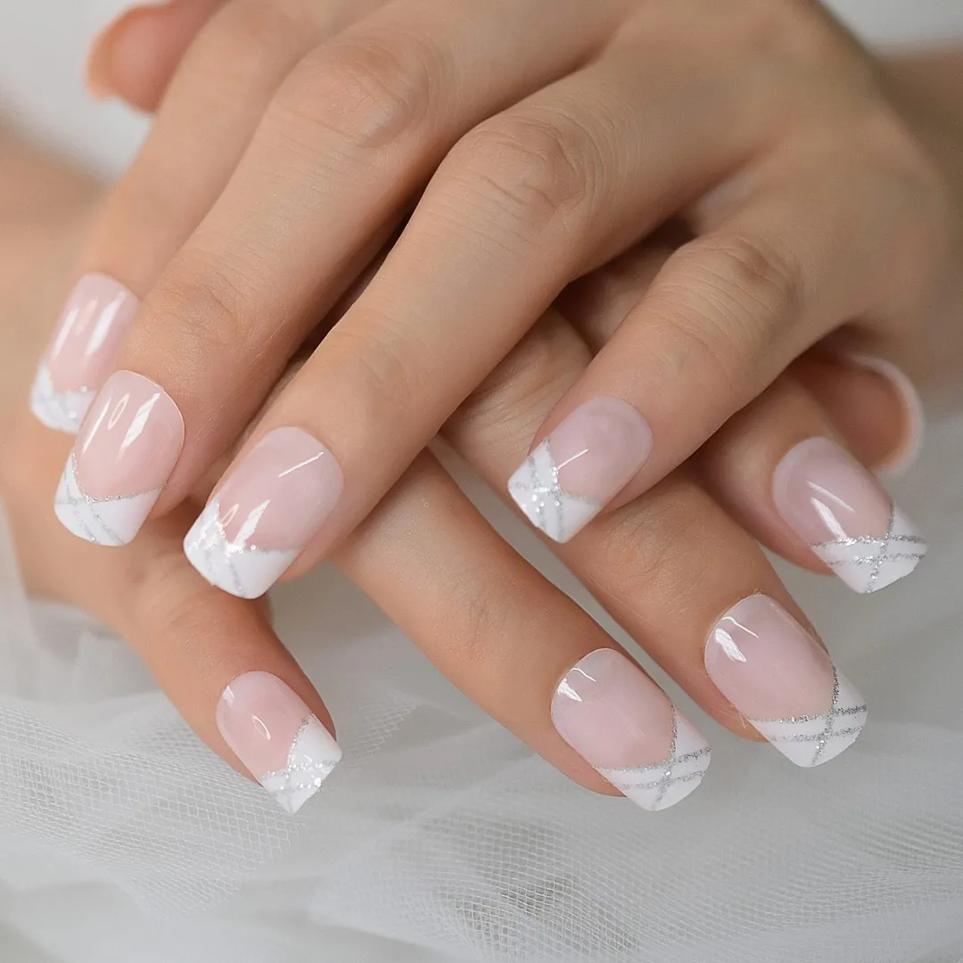 Pink Nude White French Fake Nails Squoval Square UV Gel False Press on Nails for Girl Full Cover Wear Finger Nail Art Tips 1123-Nail Inspo