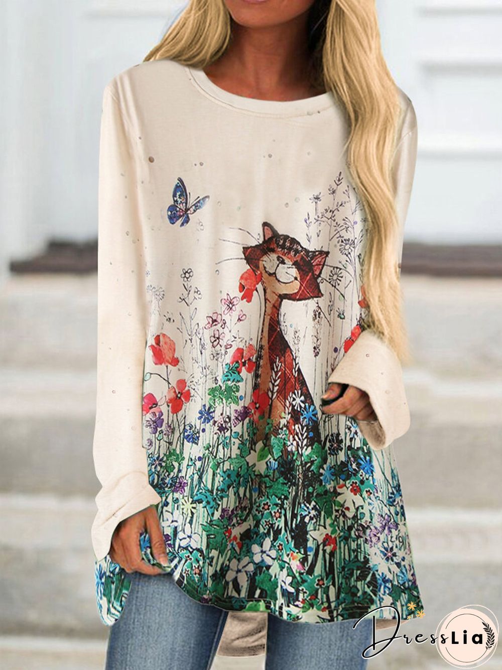 Beige Cotton-Blend Long Sleeve Round Neck Printed T-shirt
