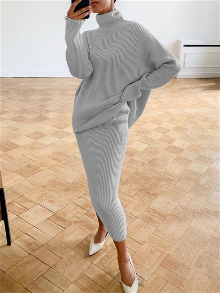 Slimhernow stylish dresses Knitted  2 Piece Outfit Set Casual Long Sleeve Sweater Top And Pencil Long Skirts Elegant Autumn Two Piece Sweater Sets