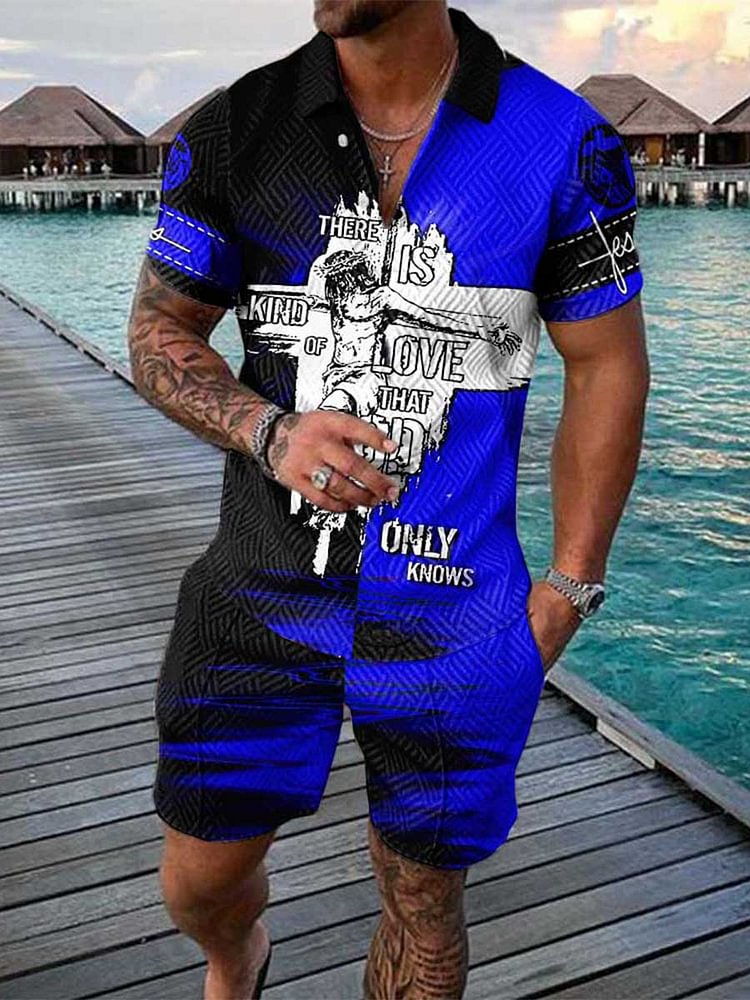 Men's Holiday Blue Black Letter Printed Polo Suit