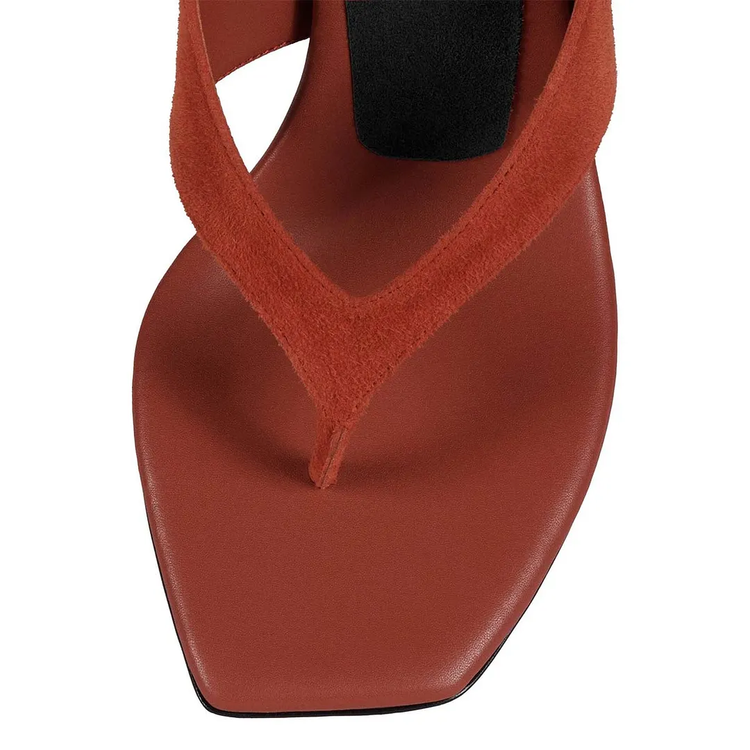 Burgundy Open Square Toe Flip Flop Patchwork Spool Heeled Sandals