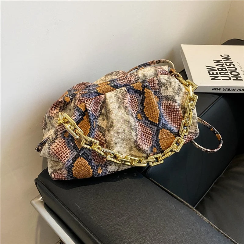 Snakeskin Pattern Shoulder Bag Luxury Women Good Quality Leather Tote Handbag Lady Snake Print Pleated Crossbody Bags Sac A Main