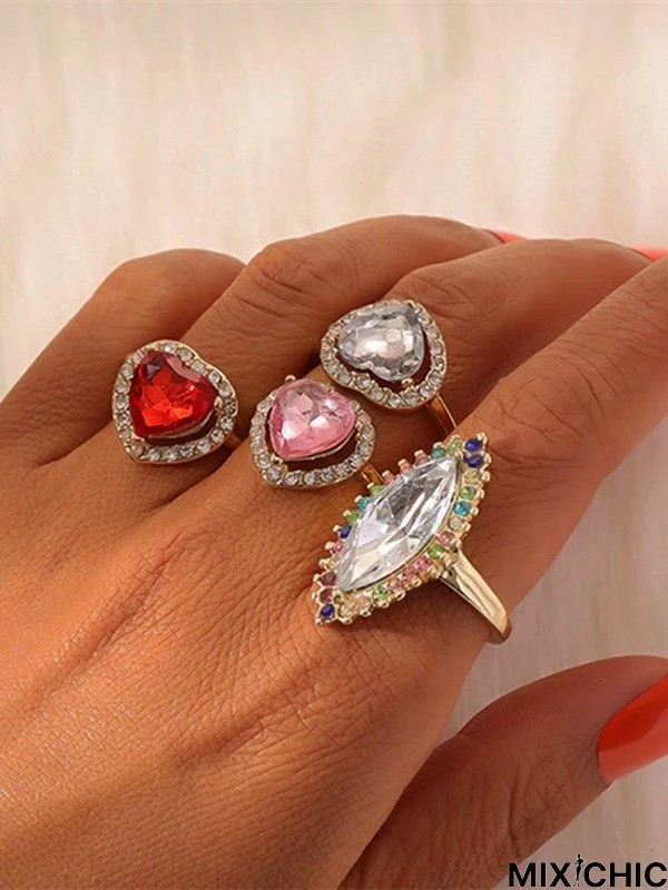 4Pcs Gold Colored Gemstones Heart Pattern Ring Set Valentine's Day Gift Jewelry