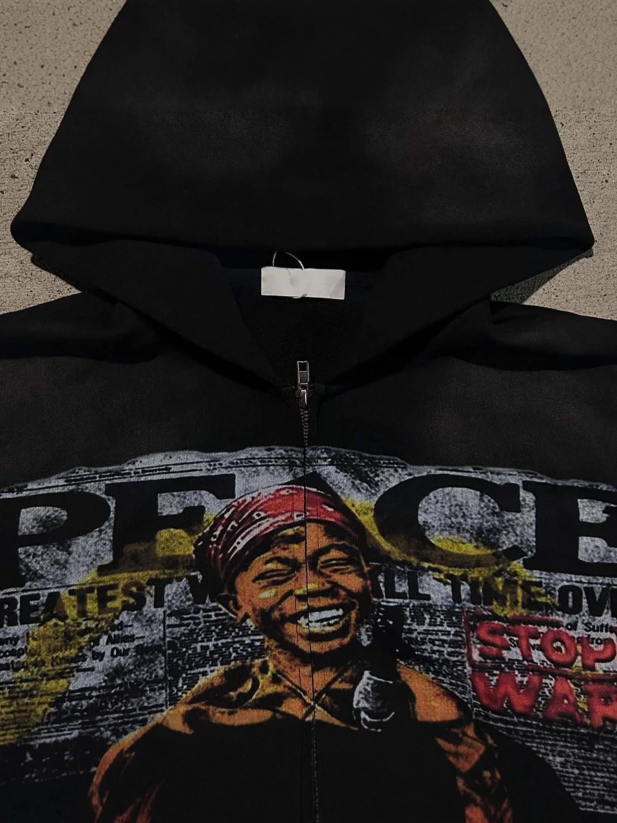 Personalized Peace Graffiti Rivets Pattern Warm Zip-up Hoodie