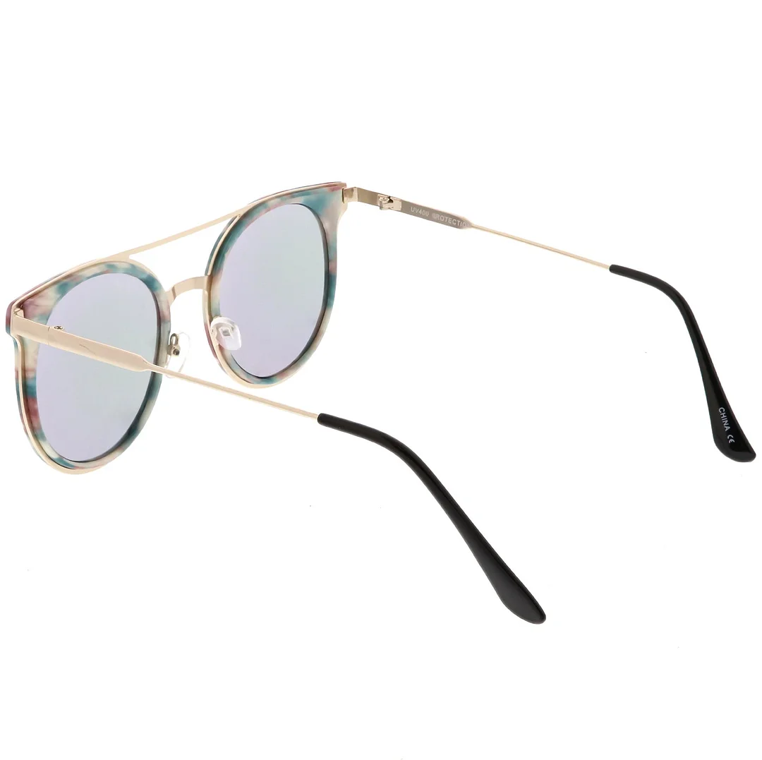 Modern Horn Rimmed glasses Sleek Double Nose Bridge Round Color Mirrored Lens 51mm