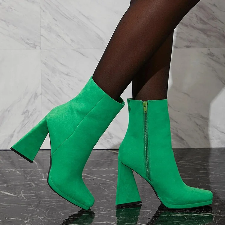 Green Suede Ankle Boots with Chunky Heels and Vintage Style Vdcoo