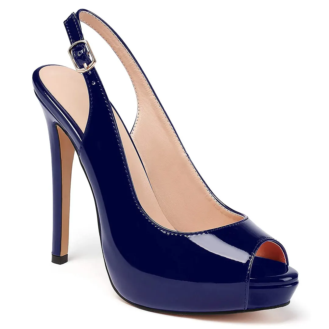 120mm Strap Slingback Sandals Peep Toe Platform Stilettos Blue Patent Heels-vocosishoes