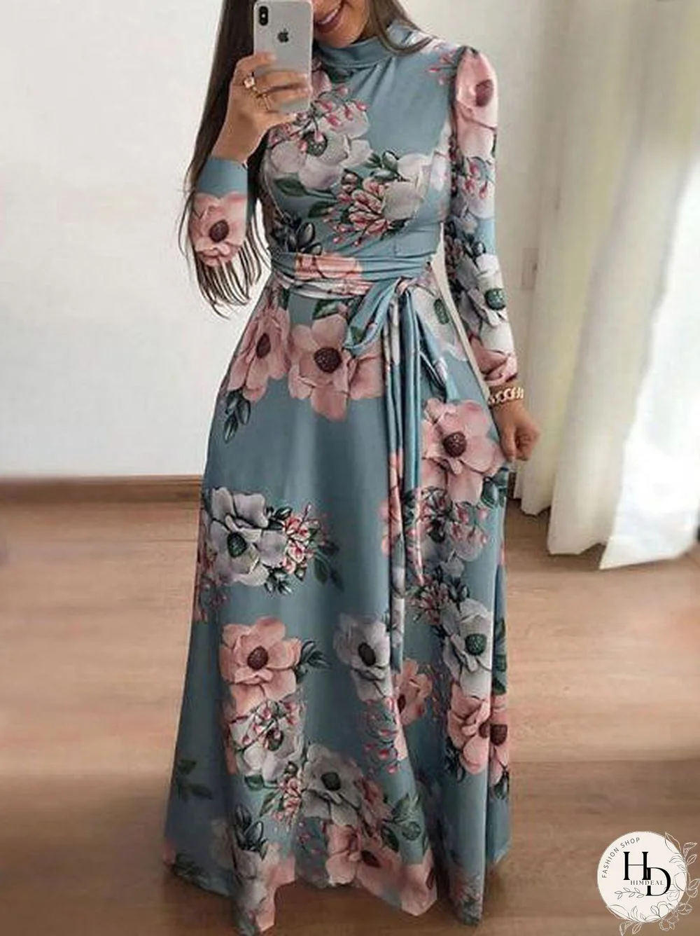 Casual Long Sleeve Boho Flower Print Long Maxi Dress