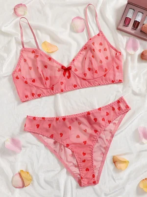 Plus Heart Print Mesh Lingerie Set