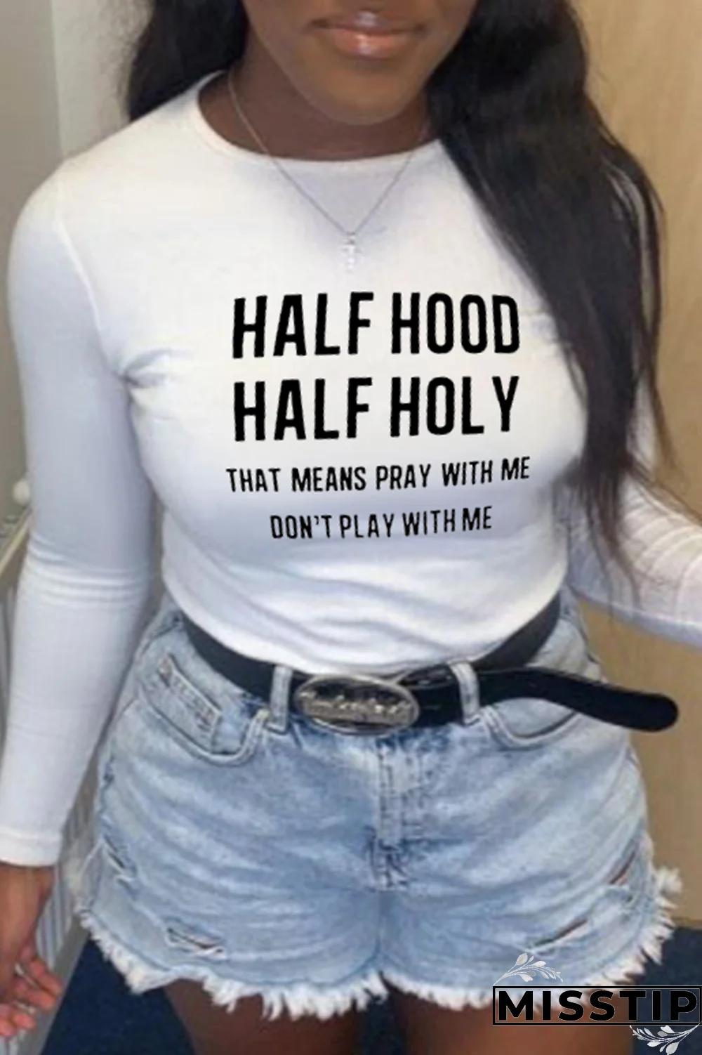 Black Fashion Street Print Letter O Neck Tops