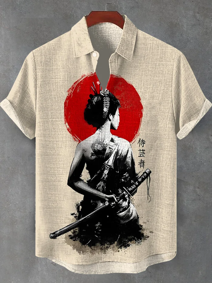 Men's Geisha Samurai Japanese Art Print Short Sleeve Shirt