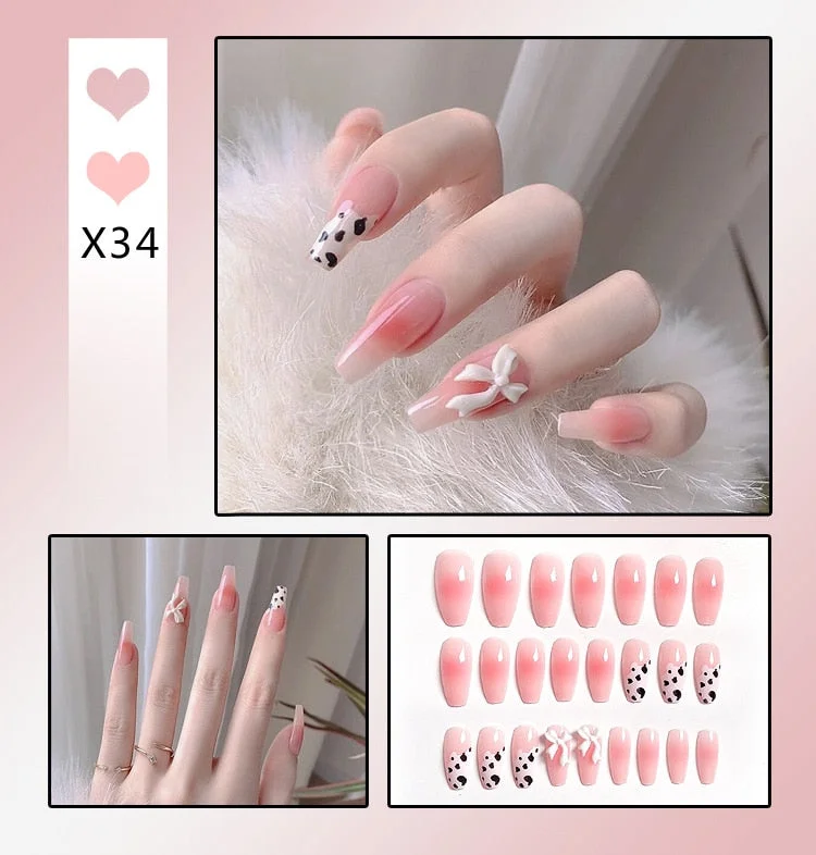 Aurora Transparent Fake Nails Tips for Finger Wear Crystal Ice Clear Butterfly Press on Nails Long Bow Ballet Diamond False Nail-Nail Inspo