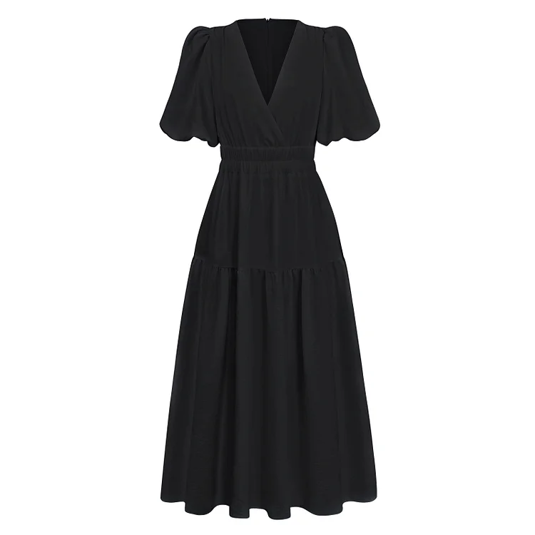 Women's Summer Holiday Dress V-Neck Short Puff Sleeve Solid High Waist Maxi Beach Dresses