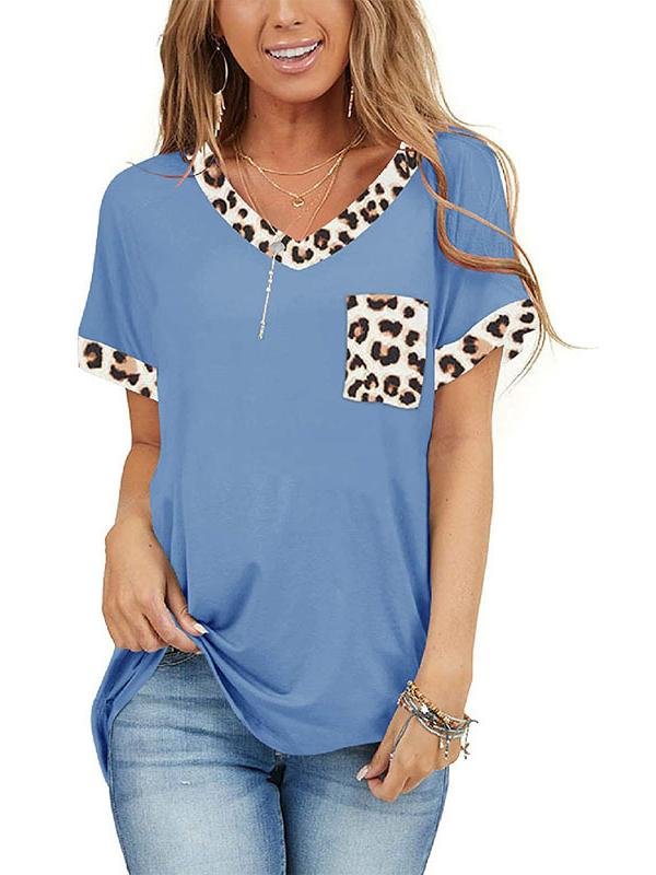 Women Casual Short Sleeve Scoop Neck Leopard Printed Tops With Pockets