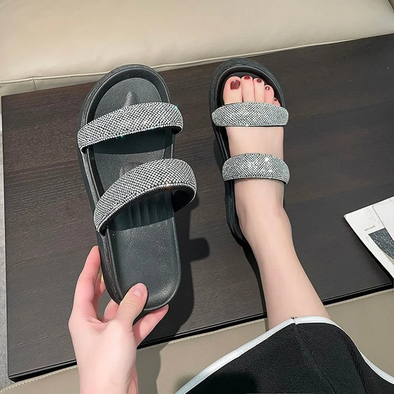 Women plus size clothing Women Striped Rhinestone Massage Platform Sandals Slippers Shoes-Nordswear