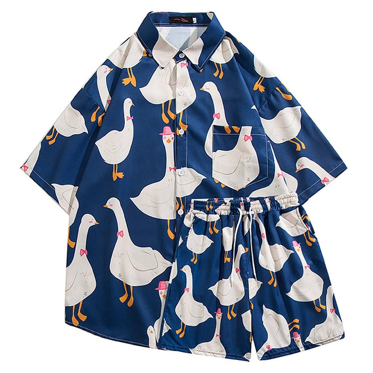 Cartoon Goose Print Loose T-Shirt Shorts Set - Modakawa modakawa