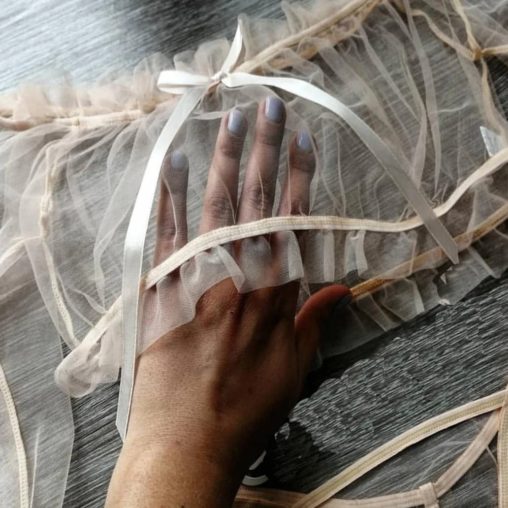 Billionm Mesh Sheer Lingerie Set Women Half Length Sleeve Top and Low Waist Thong G String Briefs See Through Open Cup Sexy Bra and Panty