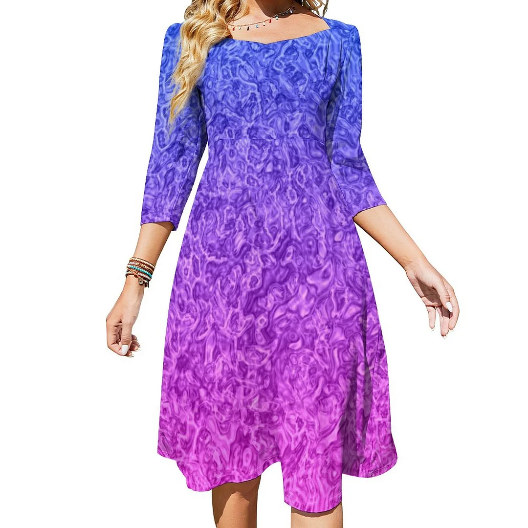 Modern Blue And Pink Watercolor Ombre Abstract Dress Sweetheart Tie Back Flared 3/4 Sleeve Midi Dresses