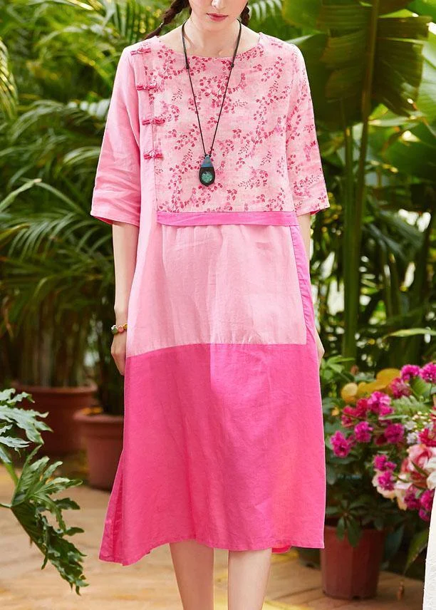 Chic o neck patchwork linen dresses pattern pink print Dresses summer